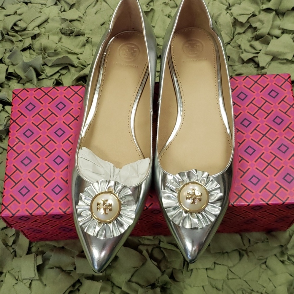 Tory Burch Melody Metallic Flats Pearl Logo